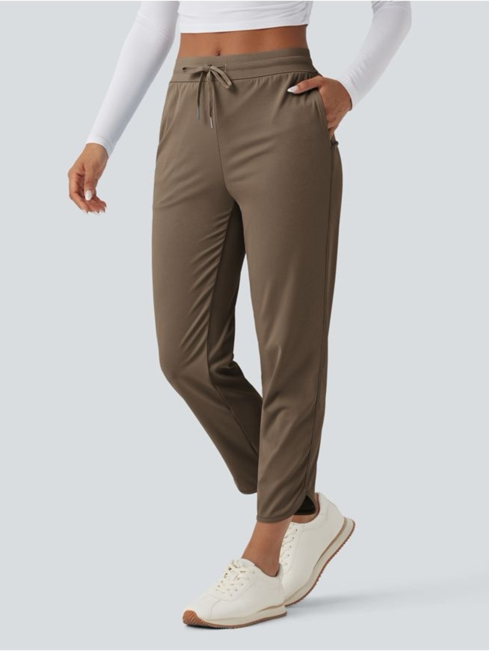 Halara Mid Rise Drawstring Quick Dry Golf Tapered Pants w/ Pockets Shitake Brown